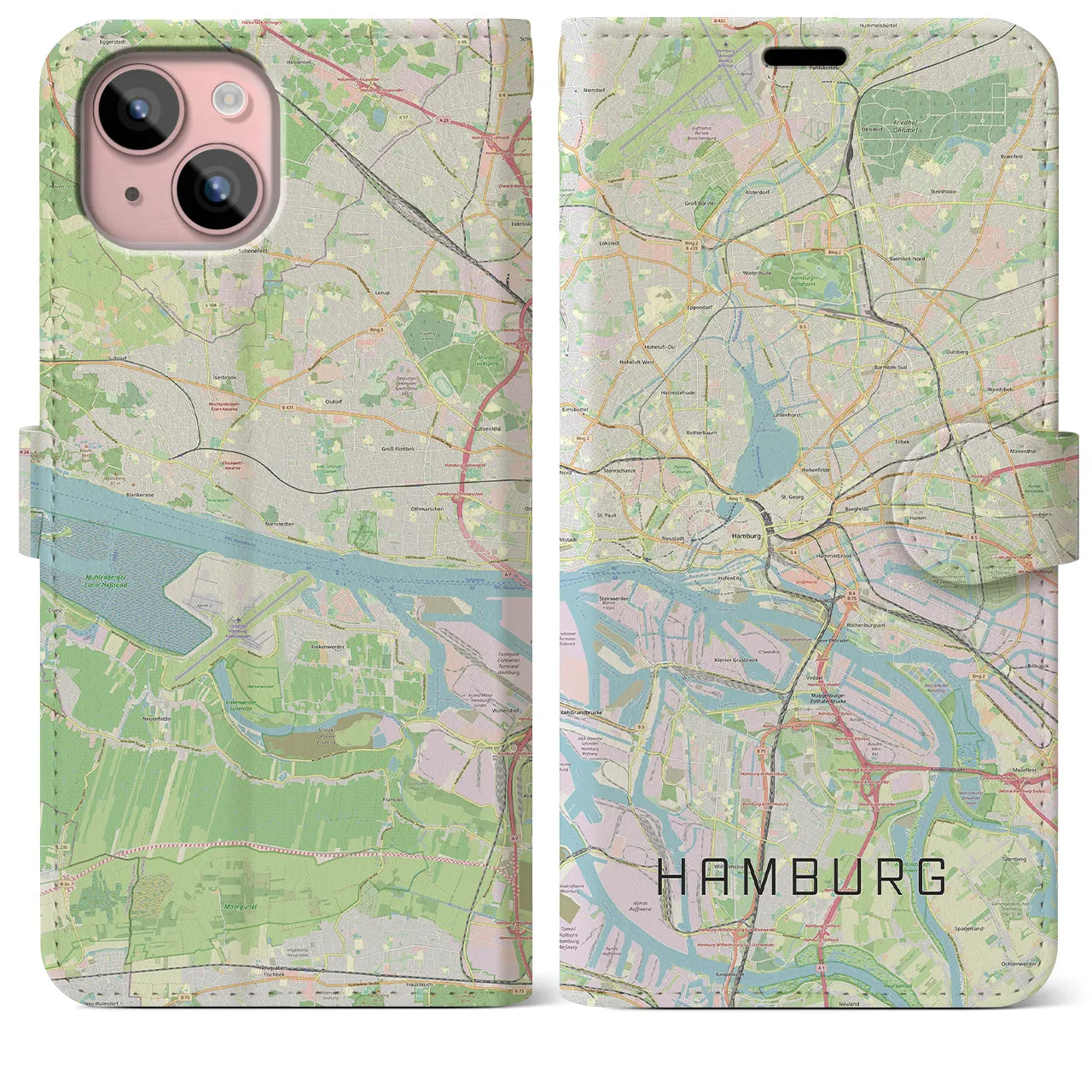 【ハンブルク】地図柄iPhoneケース（手帳両面タイプ・ナチュラル）iPhone 15 Plus 用