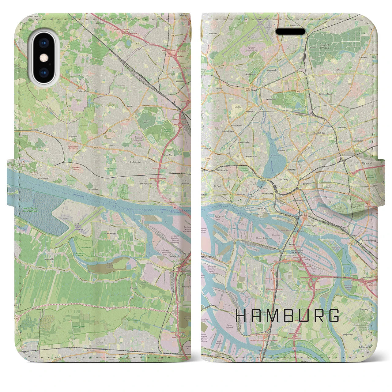 【ハンブルク】地図柄iPhoneケース（手帳両面タイプ・ナチュラル）iPhone XS Max 用