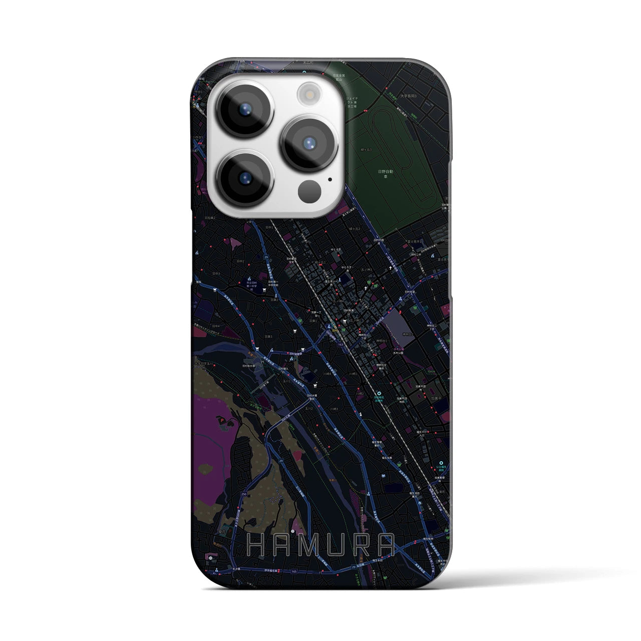 【羽村】地図柄iPhoneケース（バックカバータイプ・ブラック）iPhone 14 Pro 用