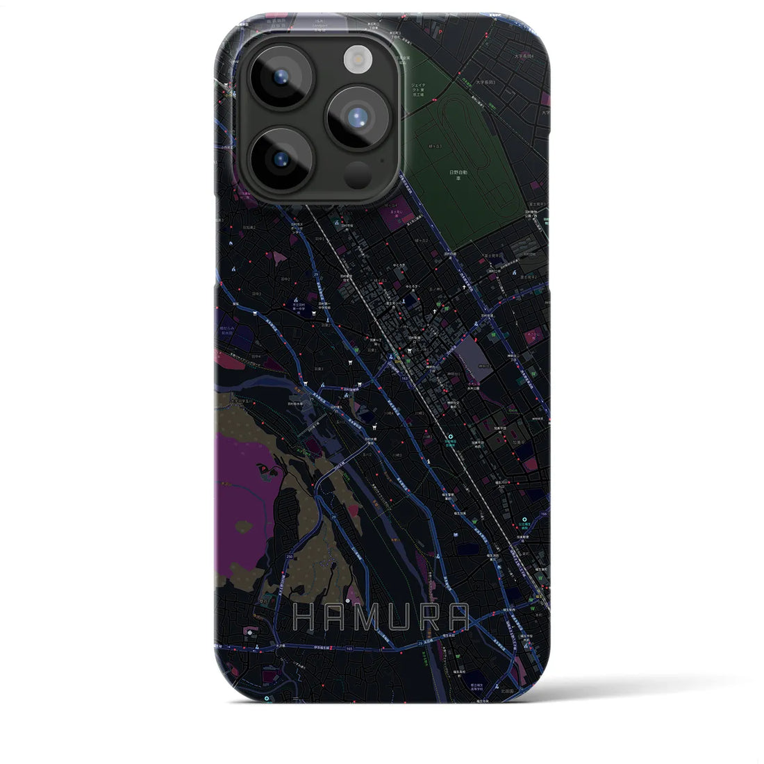 【羽村】地図柄iPhoneケース（バックカバータイプ・ブラック）iPhone 15 Pro Max 用