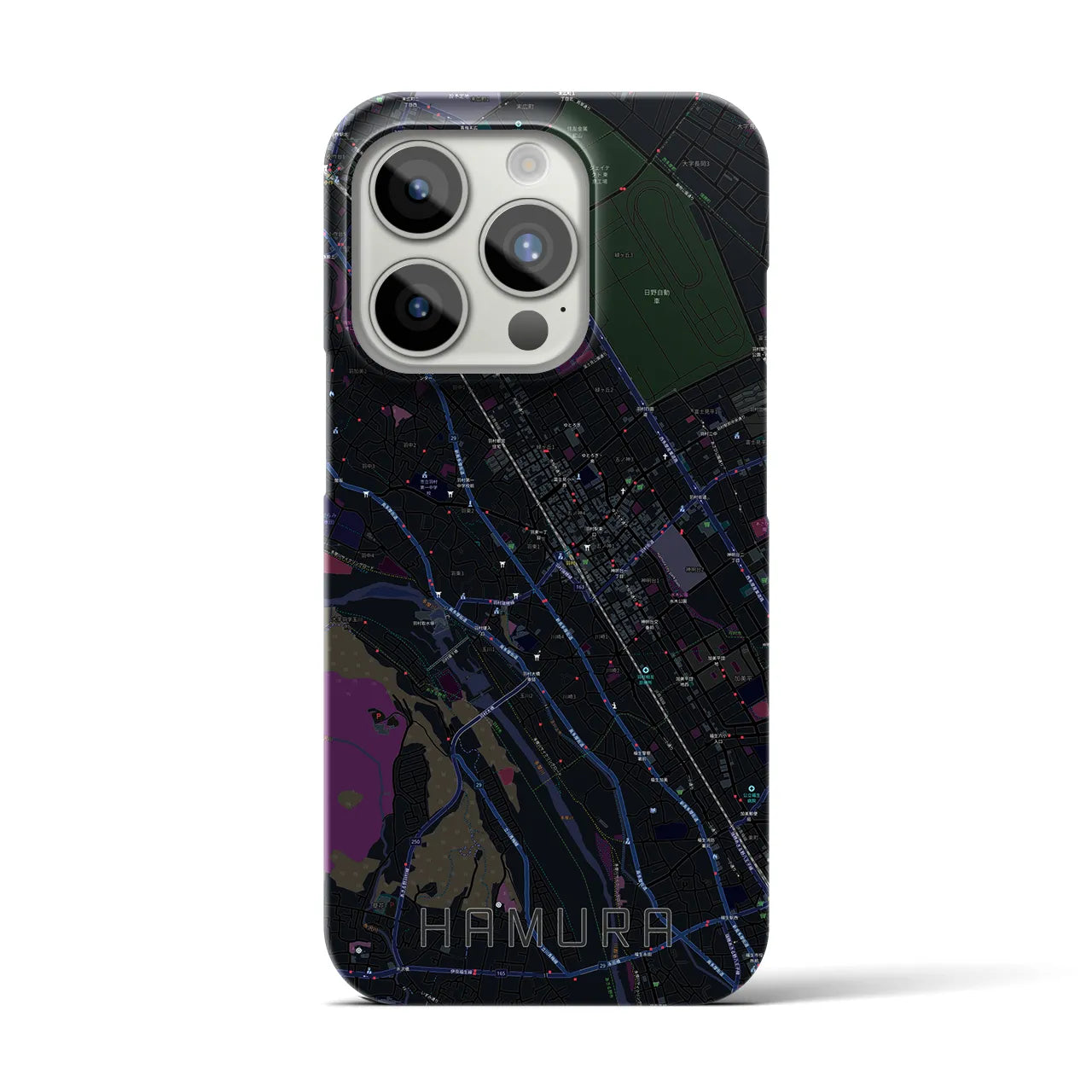 【羽村】地図柄iPhoneケース（バックカバータイプ・ブラック）iPhone 15 Pro 用