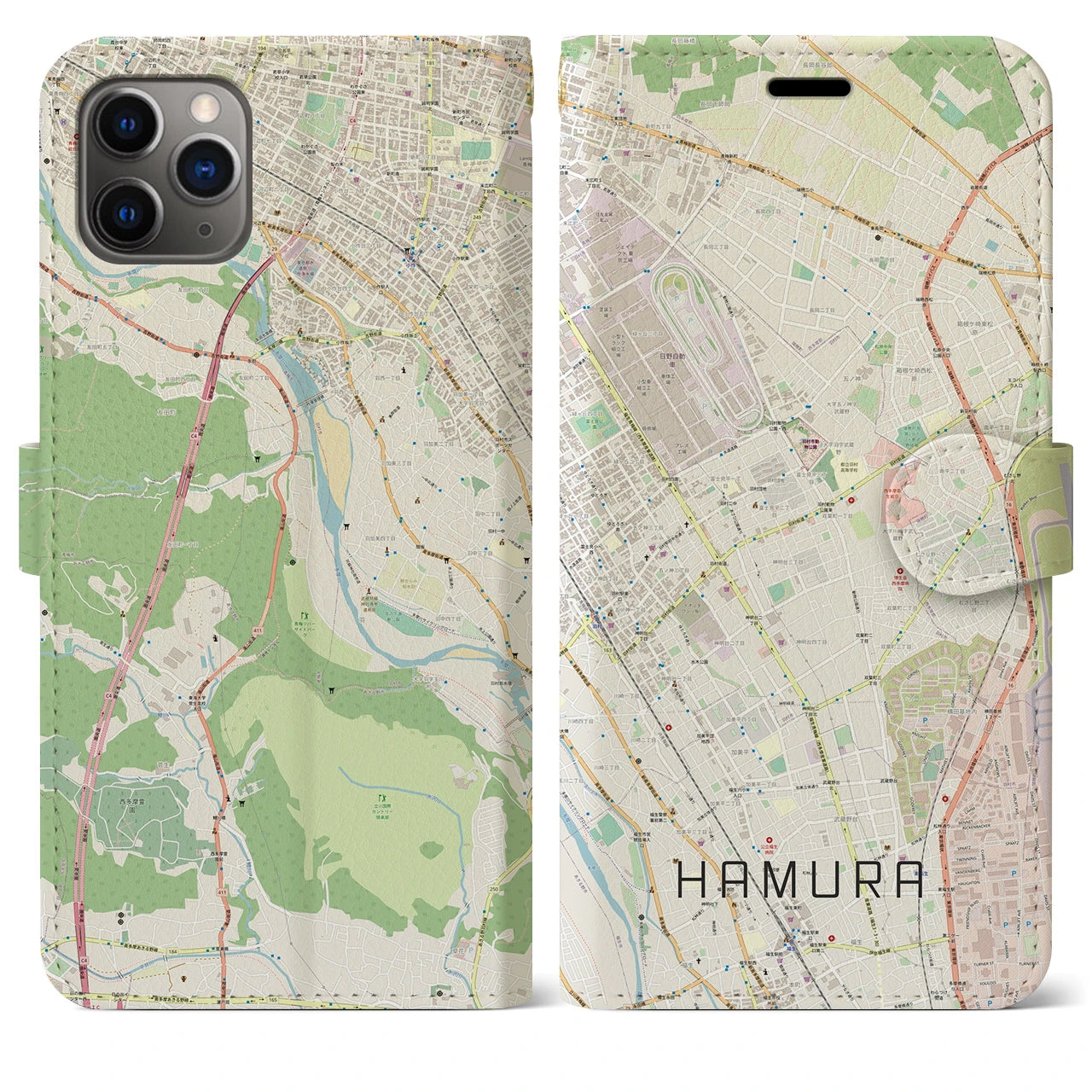 【羽村】地図柄iPhoneケース（手帳両面タイプ・ナチュラル）iPhone 11 Pro Max 用