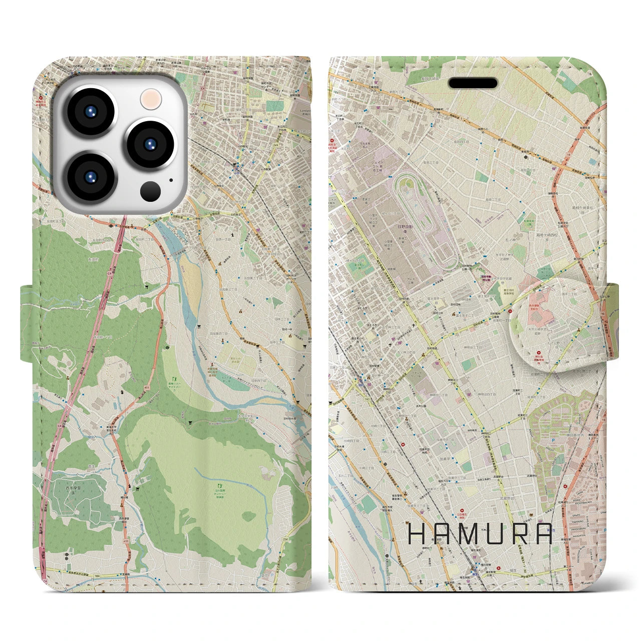 【羽村】地図柄iPhoneケース（手帳両面タイプ・ナチュラル）iPhone 13 Pro 用