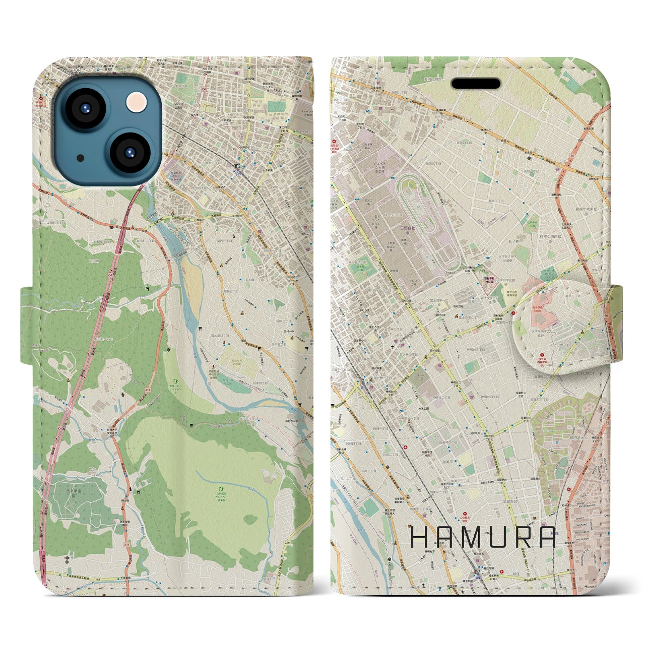 【羽村】地図柄iPhoneケース（手帳両面タイプ・ナチュラル）iPhone 13 用