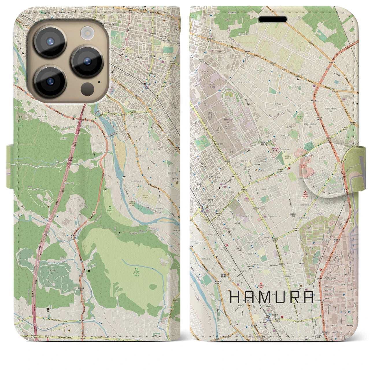 【羽村】地図柄iPhoneケース（手帳両面タイプ・ナチュラル）iPhone 14 Pro Max 用