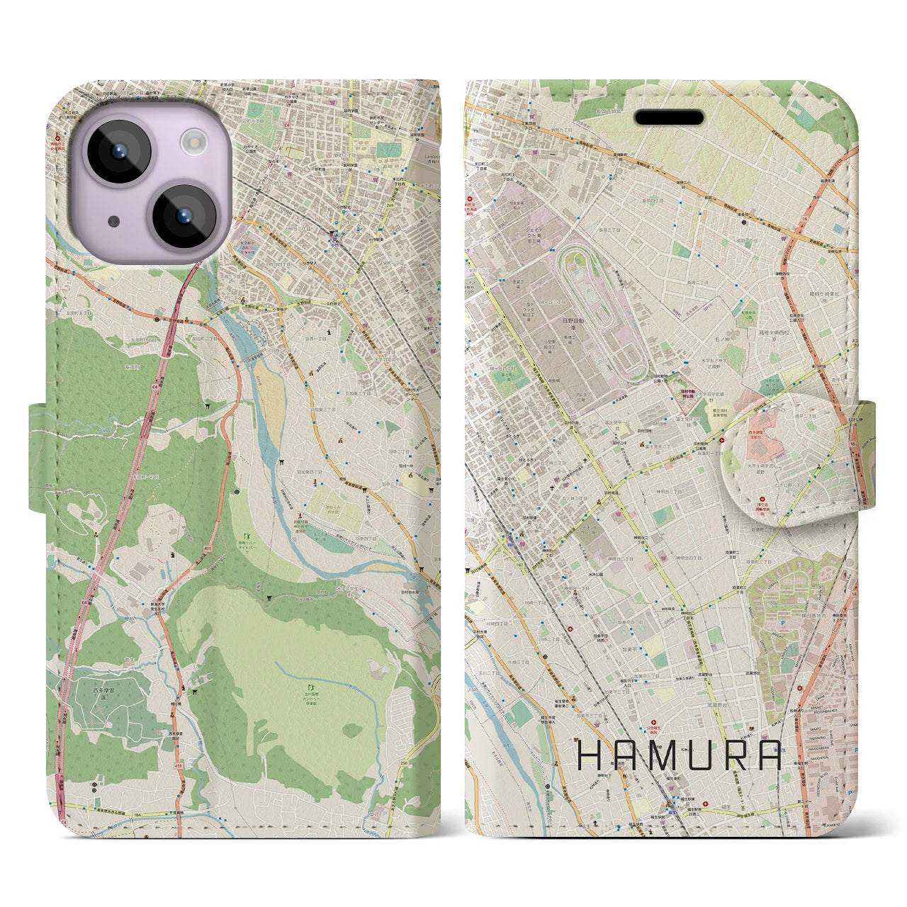 【羽村】地図柄iPhoneケース（手帳両面タイプ・ナチュラル）iPhone 14 用