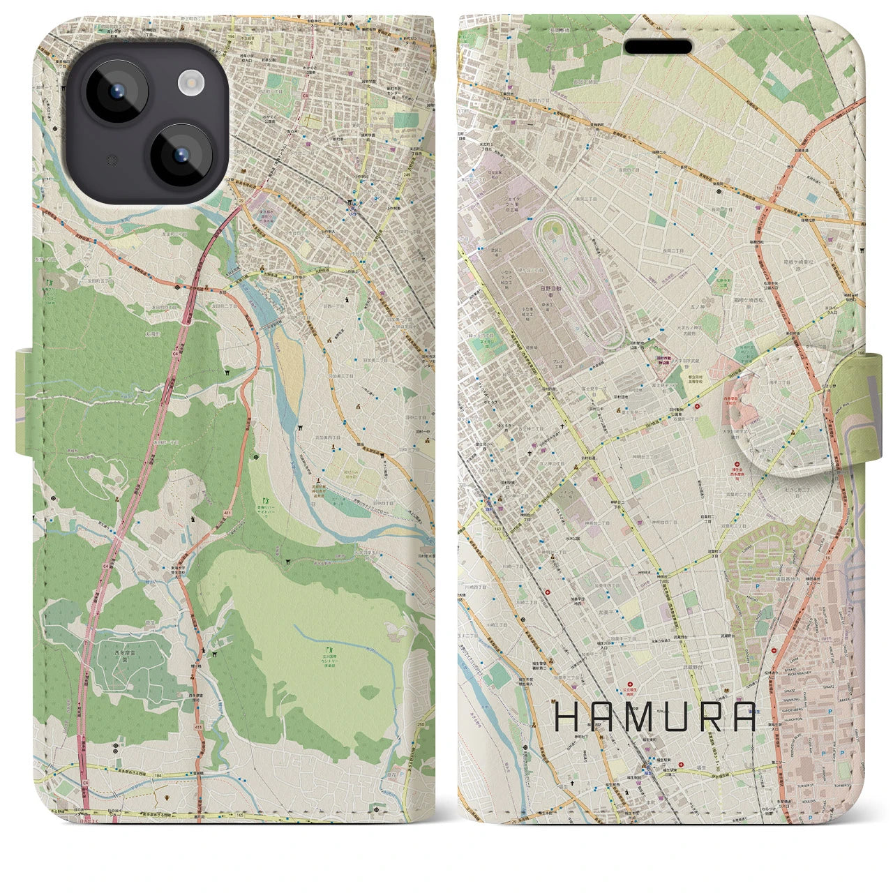 【羽村】地図柄iPhoneケース（手帳両面タイプ・ナチュラル）iPhone 14 Plus 用