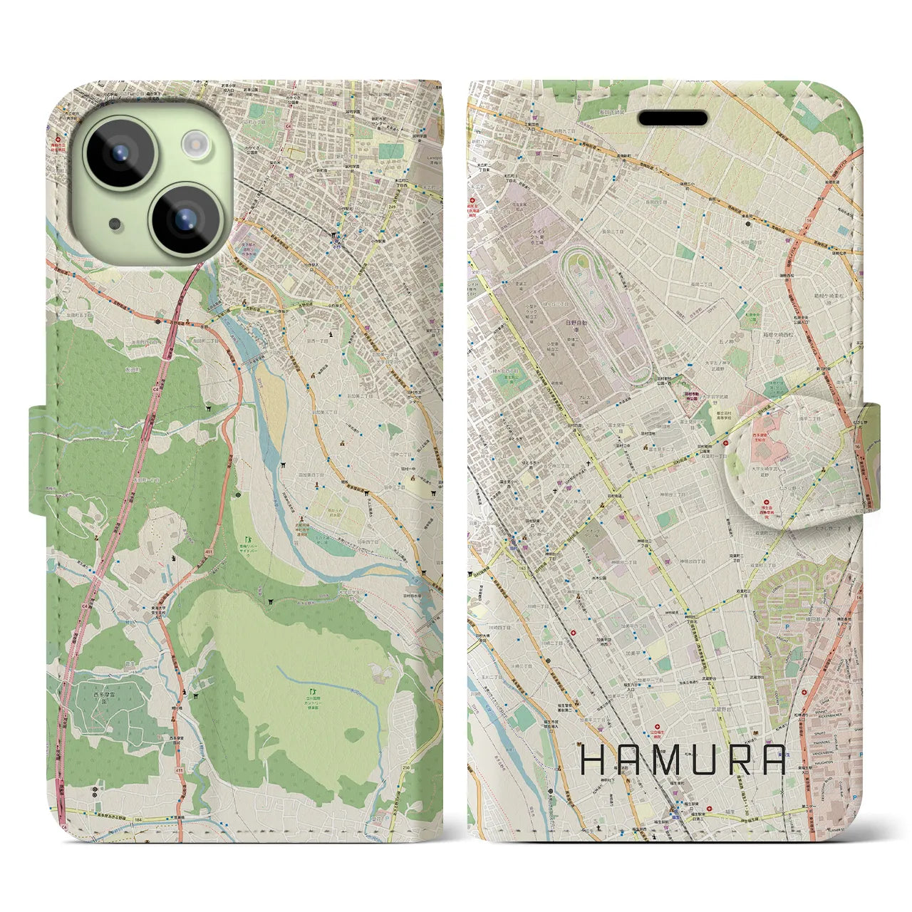 【羽村】地図柄iPhoneケース（手帳両面タイプ・ナチュラル）iPhone 15 用