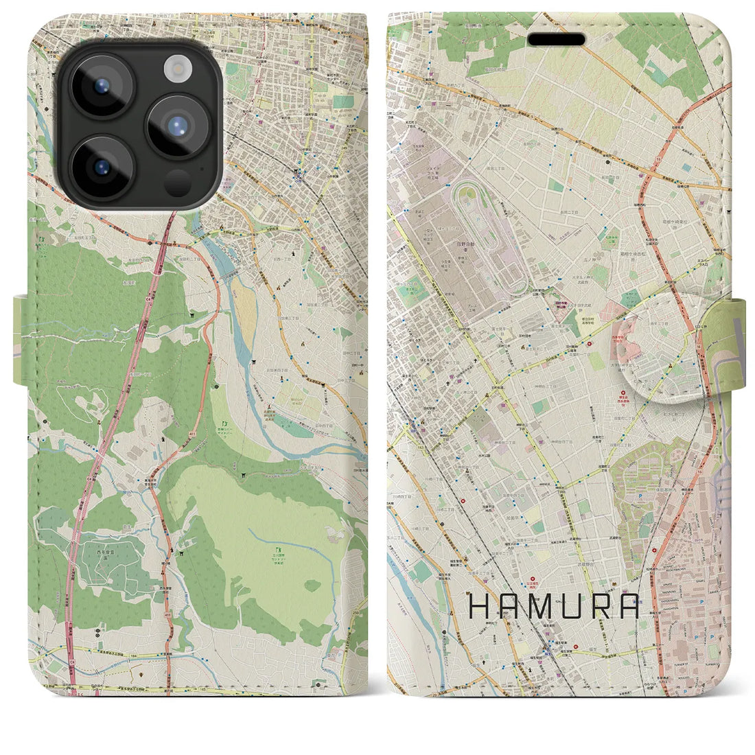 【羽村】地図柄iPhoneケース（手帳両面タイプ・ナチュラル）iPhone 15 Pro Max 用