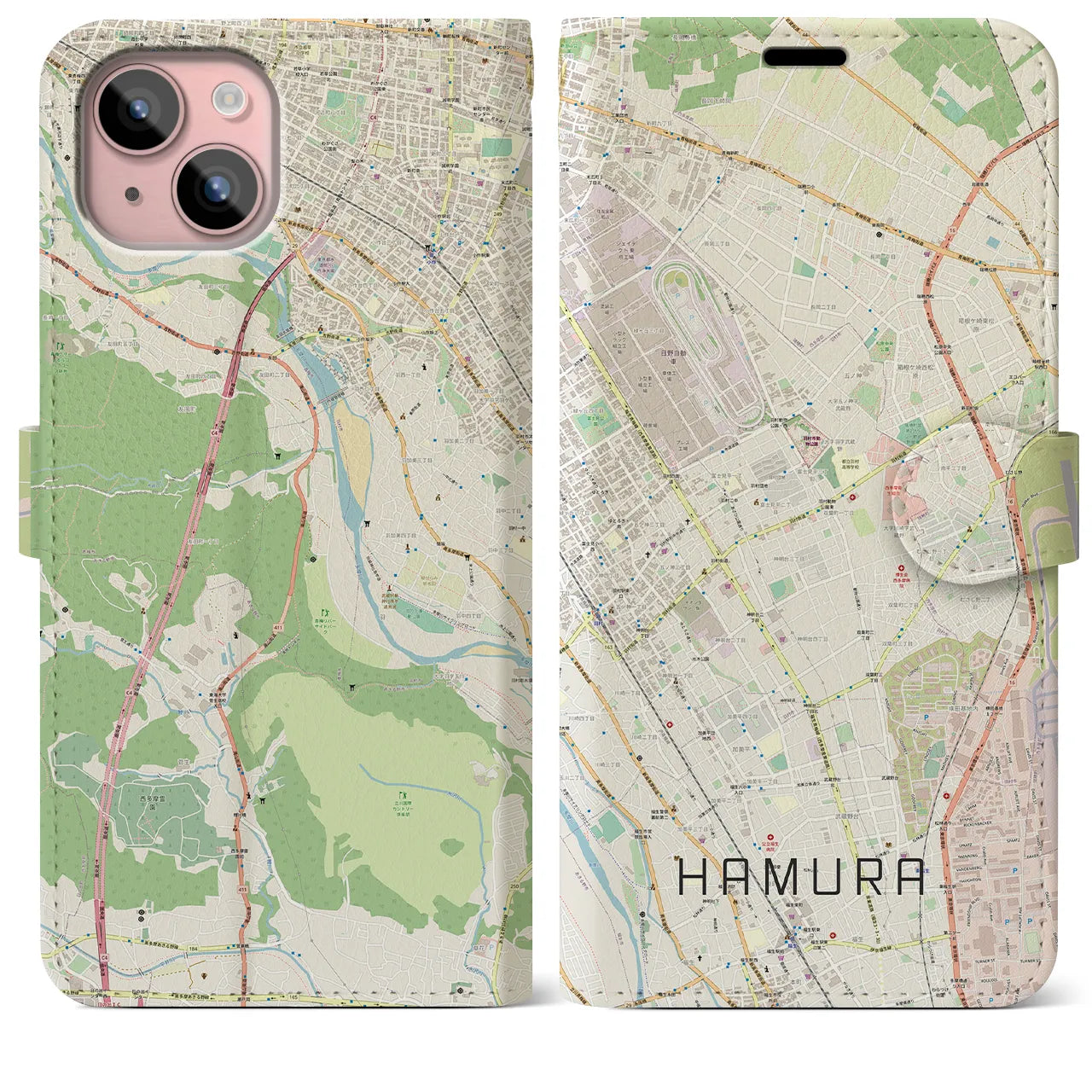 【羽村】地図柄iPhoneケース（手帳両面タイプ・ナチュラル）iPhone 15 Plus 用