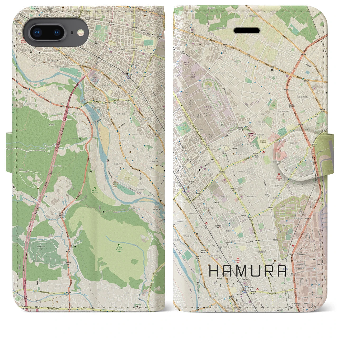 【羽村】地図柄iPhoneケース（手帳両面タイプ・ナチュラル）iPhone 8Plus /7Plus / 6sPlus / 6Plus 用