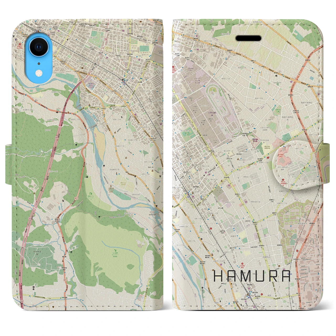 【羽村】地図柄iPhoneケース（手帳両面タイプ・ナチュラル）iPhone XR 用