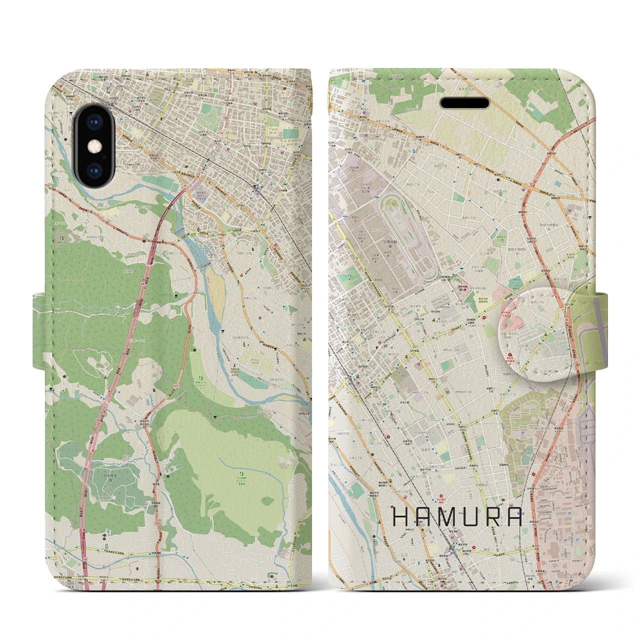 【羽村】地図柄iPhoneケース（手帳両面タイプ・ナチュラル）iPhone XS / X 用