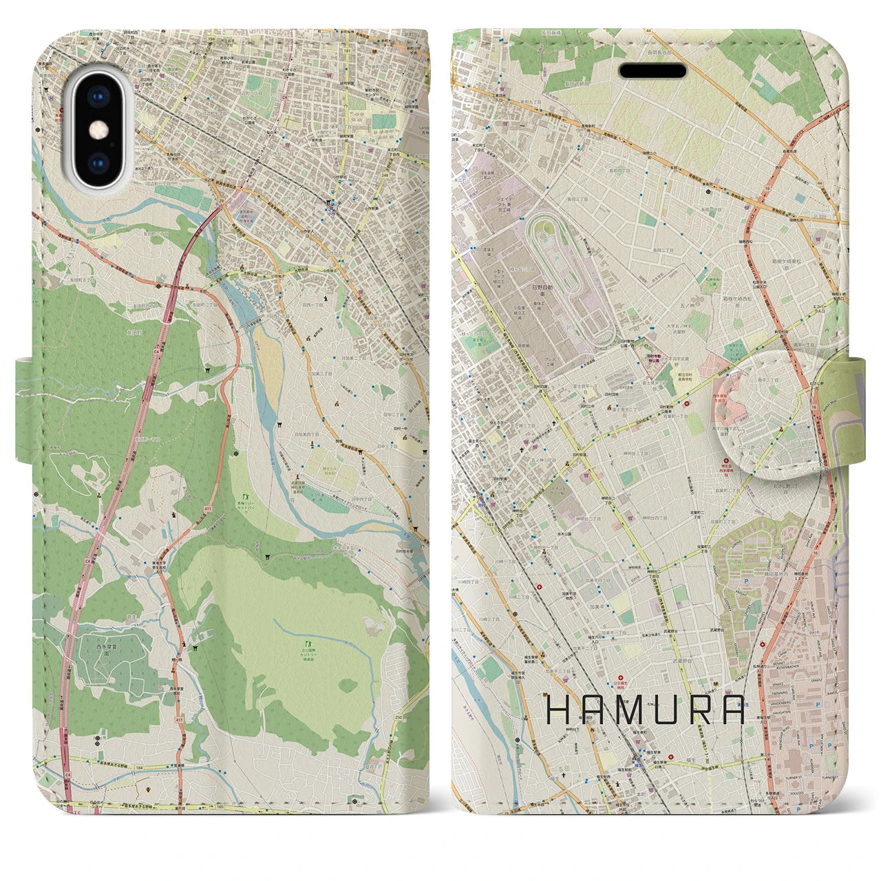 【羽村】地図柄iPhoneケース（手帳両面タイプ・ナチュラル）iPhone XS Max 用