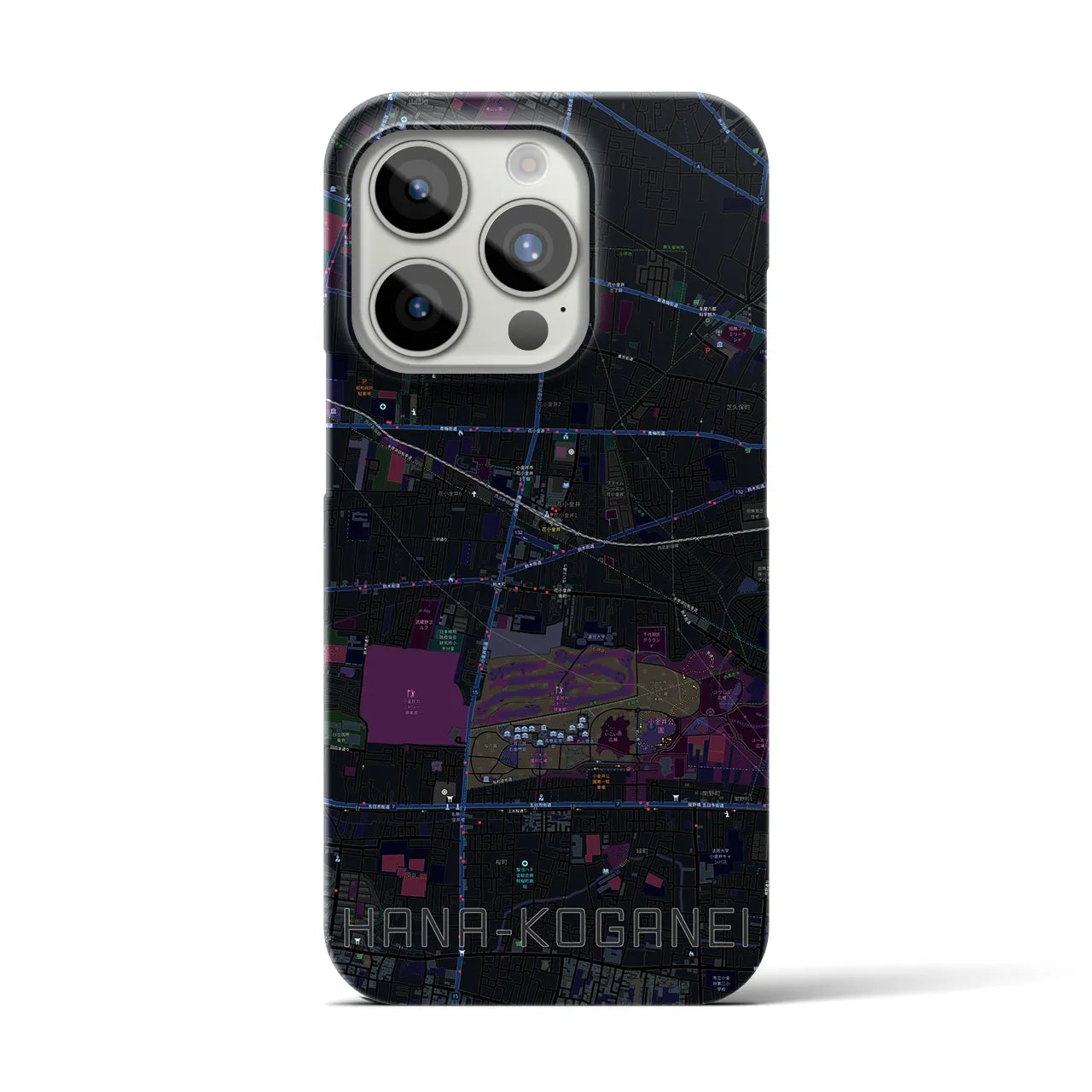【花小金井】地図柄iPhoneケース（バックカバータイプ・ブラック）iPhone 15 Pro 用