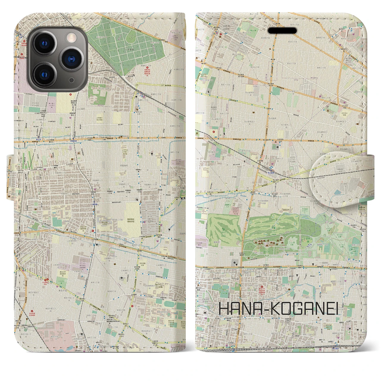 【花小金井】地図柄iPhoneケース（手帳両面タイプ・ナチュラル）iPhone 11 Pro Max 用
