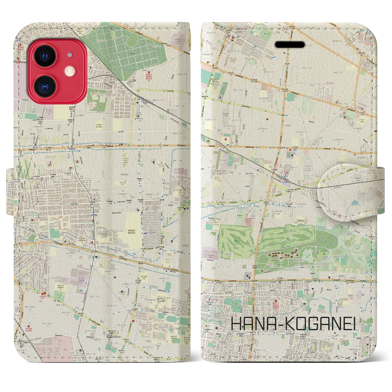 【花小金井】地図柄iPhoneケース（手帳両面タイプ・ナチュラル）iPhone 11 用