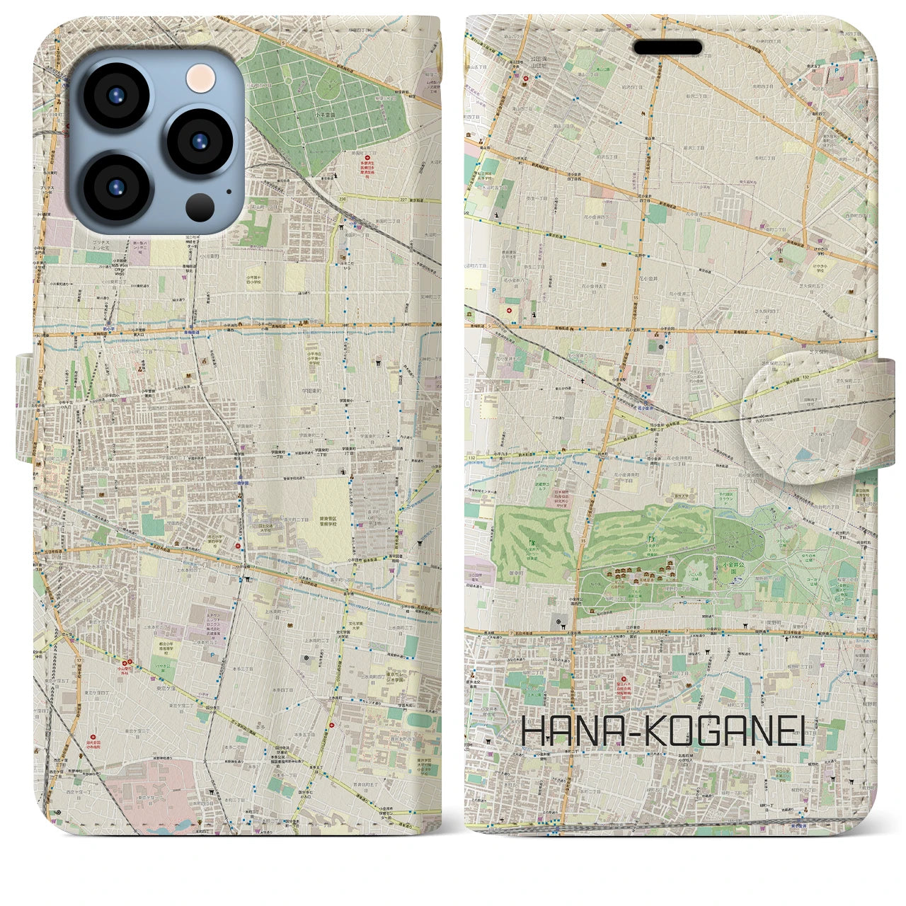 【花小金井】地図柄iPhoneケース（手帳両面タイプ・ナチュラル）iPhone 13 Pro Max 用