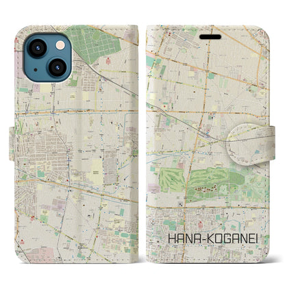 【花小金井（東京都）】地図柄iPhoneケース（手帳タイプ）ナチュラル・iPhone 13 用