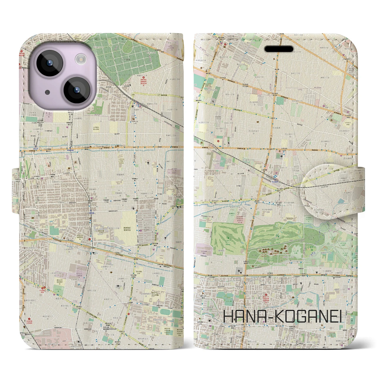 【花小金井】地図柄iPhoneケース（手帳両面タイプ・ナチュラル）iPhone 14 用