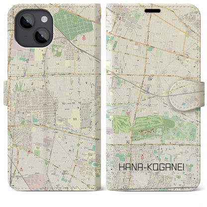 【花小金井（東京都）】地図柄iPhoneケース（手帳タイプ）ナチュラル・iPhone 14 Plus 用