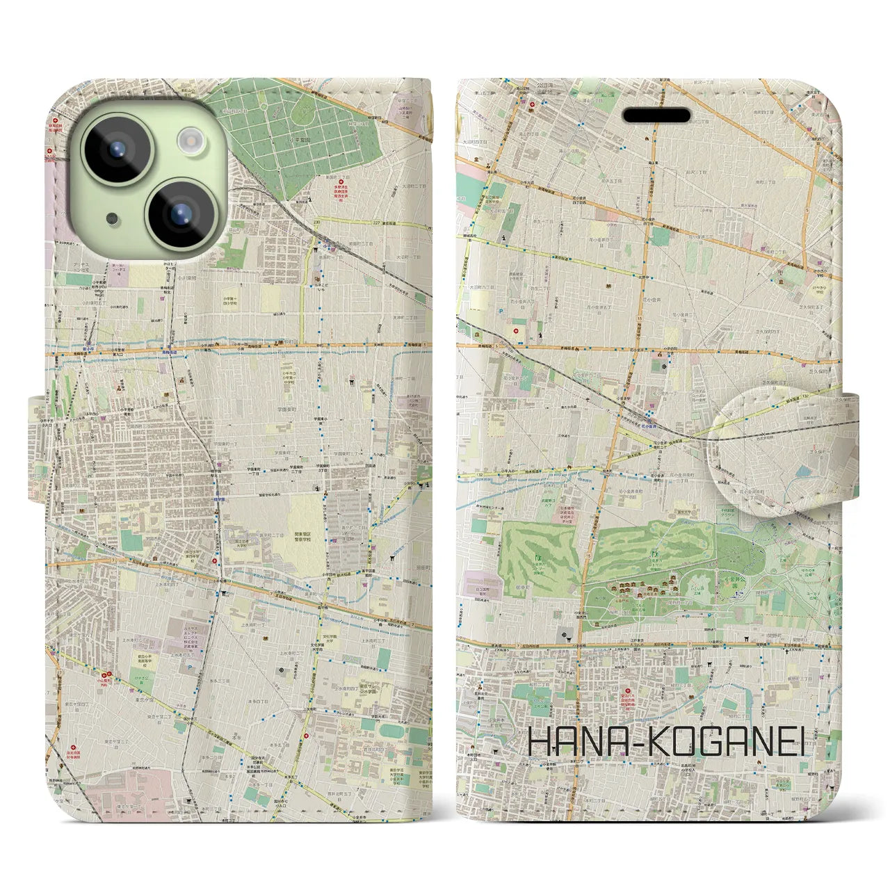 【花小金井】地図柄iPhoneケース（手帳両面タイプ・ナチュラル）iPhone 15 用
