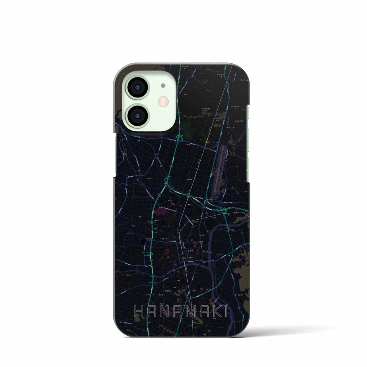 【花巻】地図柄iPhoneケース（バックカバータイプ・ブラック）iPhone 12 mini 用