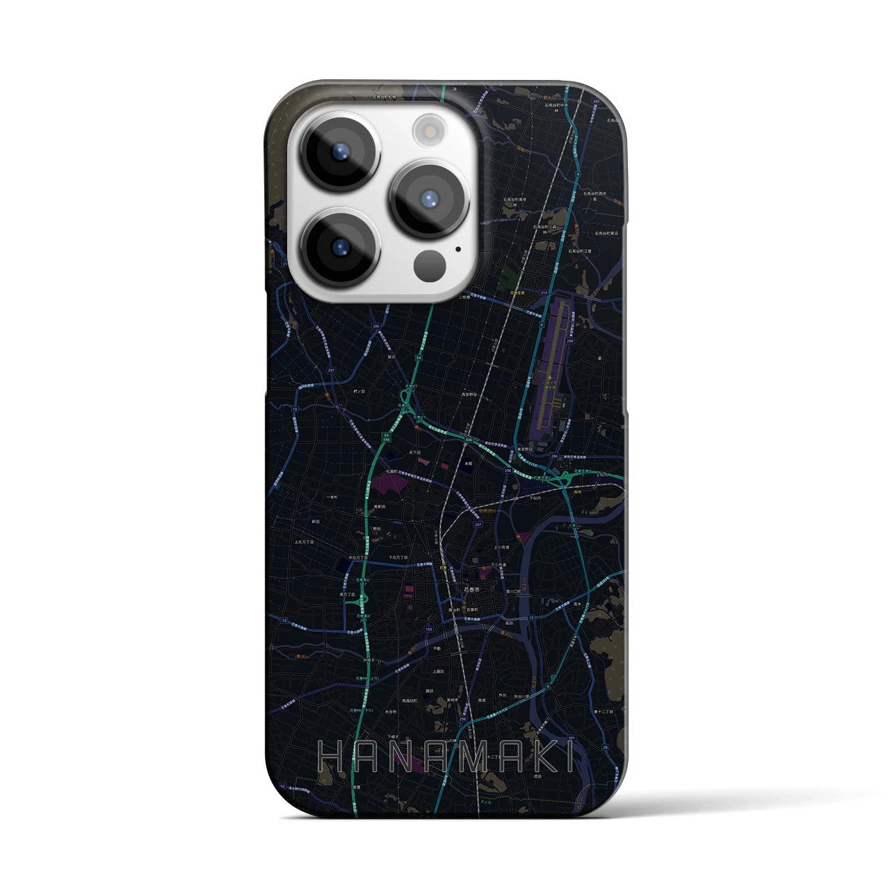 【花巻】地図柄iPhoneケース（バックカバータイプ・ブラック）iPhone 14 Pro 用