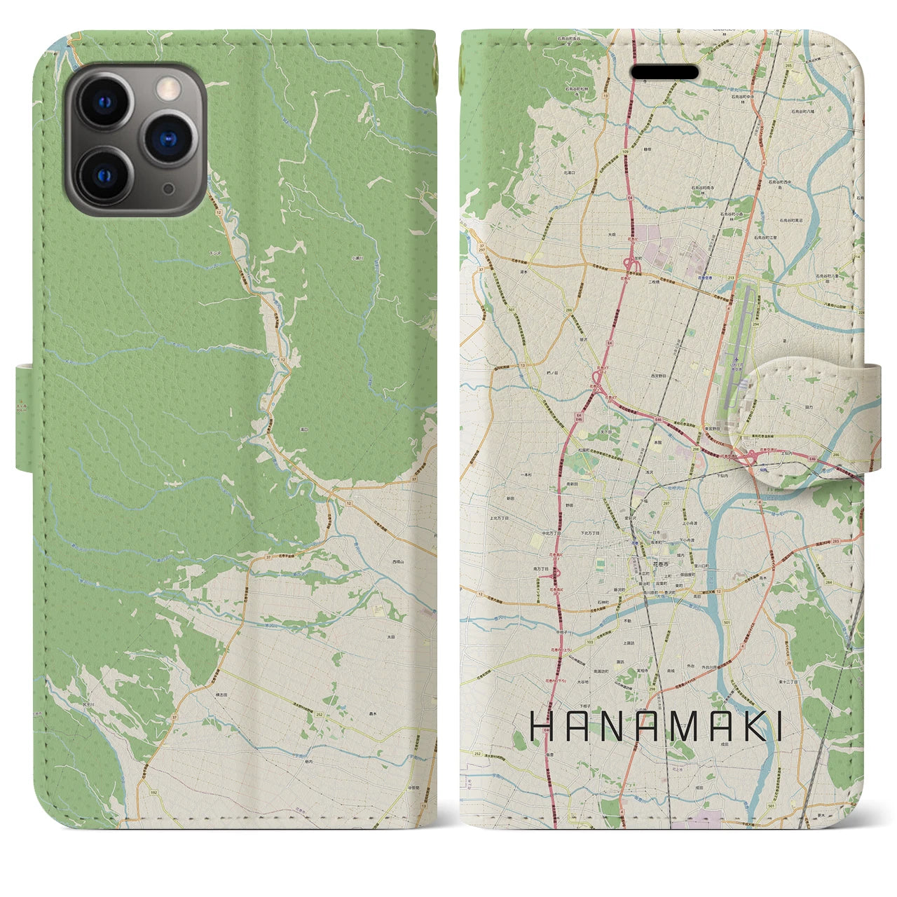 【花巻】地図柄iPhoneケース（手帳両面タイプ・ナチュラル）iPhone 11 Pro Max 用