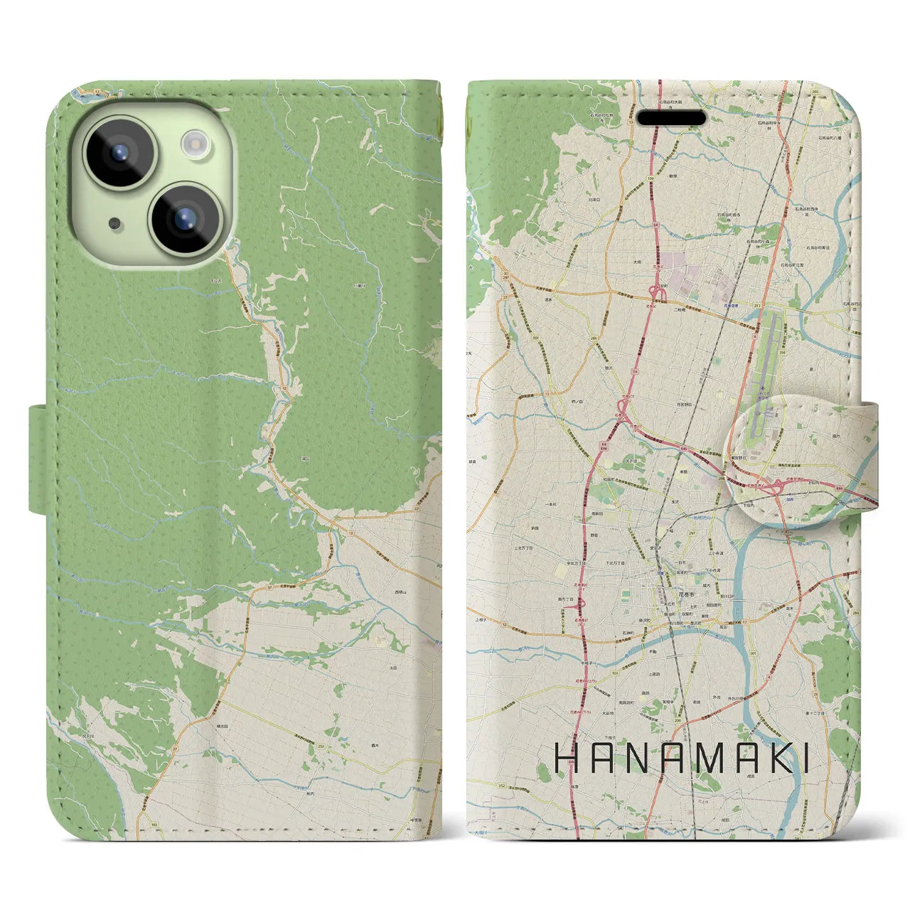 【花巻】地図柄iPhoneケース（手帳両面タイプ・ナチュラル）iPhone 15 用