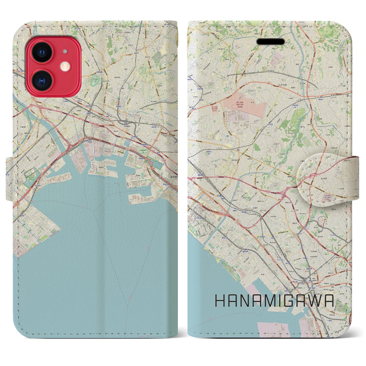 【花見川】地図柄iPhoneケース（手帳両面タイプ・ナチュラル）iPhone 11 用