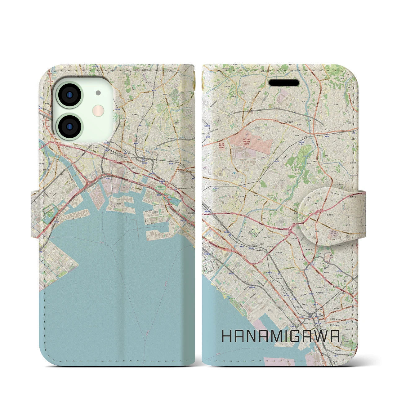【花見川】地図柄iPhoneケース（手帳両面タイプ・ナチュラル）iPhone 12 mini 用