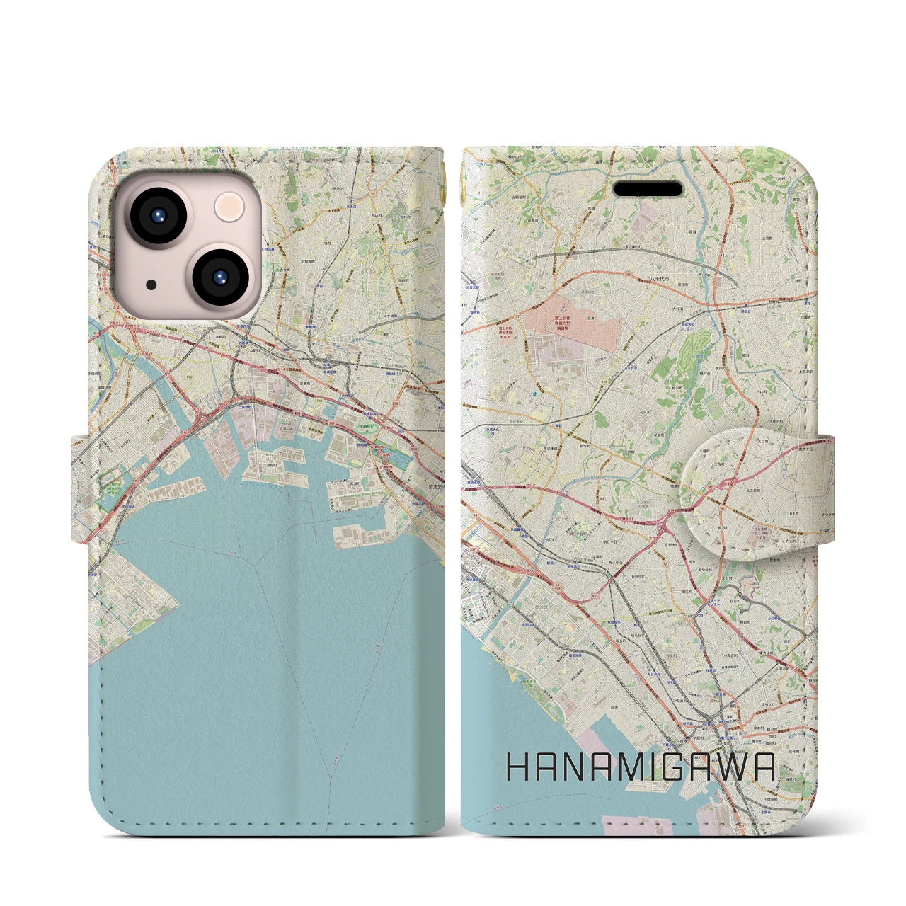 【花見川】地図柄iPhoneケース（手帳両面タイプ・ナチュラル）iPhone 13 mini 用