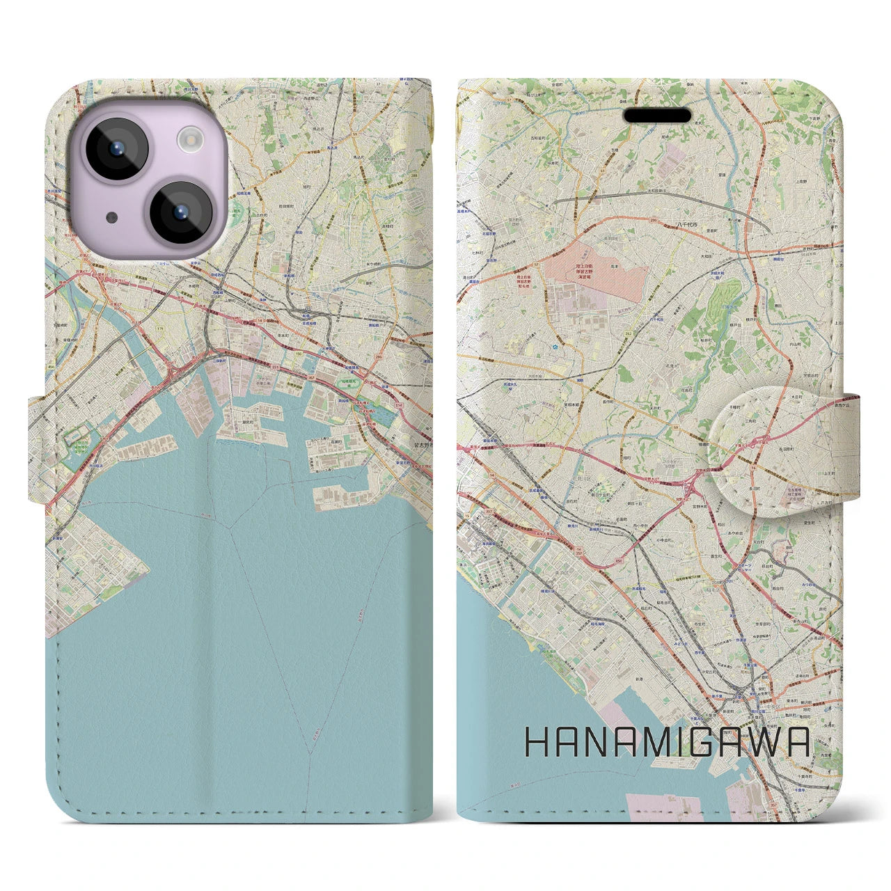 【花見川】地図柄iPhoneケース（手帳両面タイプ・ナチュラル）iPhone 14 用