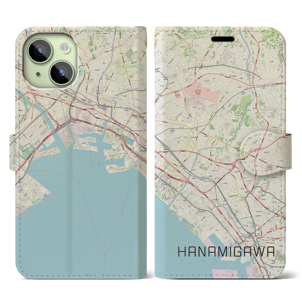 【花見川】地図柄iPhoneケース（手帳両面タイプ・ナチュラル）iPhone 15 用