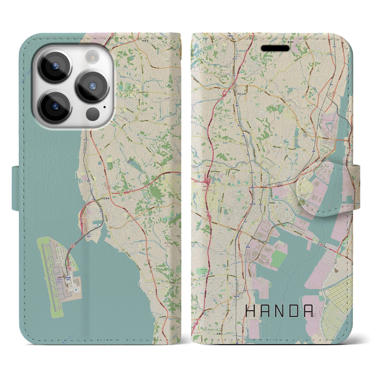 【半田】地図柄iPhoneケース（手帳両面タイプ・ナチュラル）iPhone 14 Pro 用