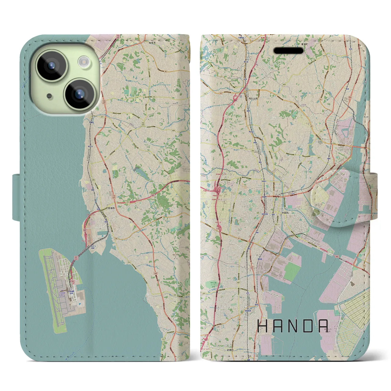 【半田】地図柄iPhoneケース（手帳両面タイプ・ナチュラル）iPhone 15 用