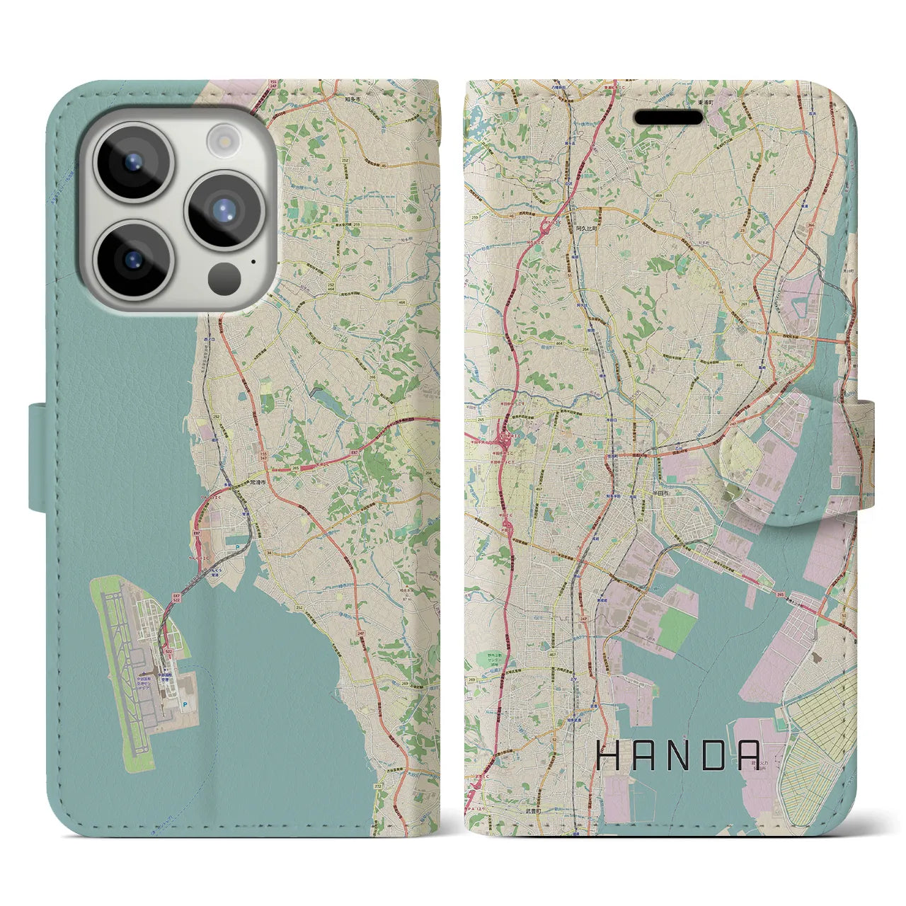 【半田】地図柄iPhoneケース（手帳両面タイプ・ナチュラル）iPhone 15 Pro 用