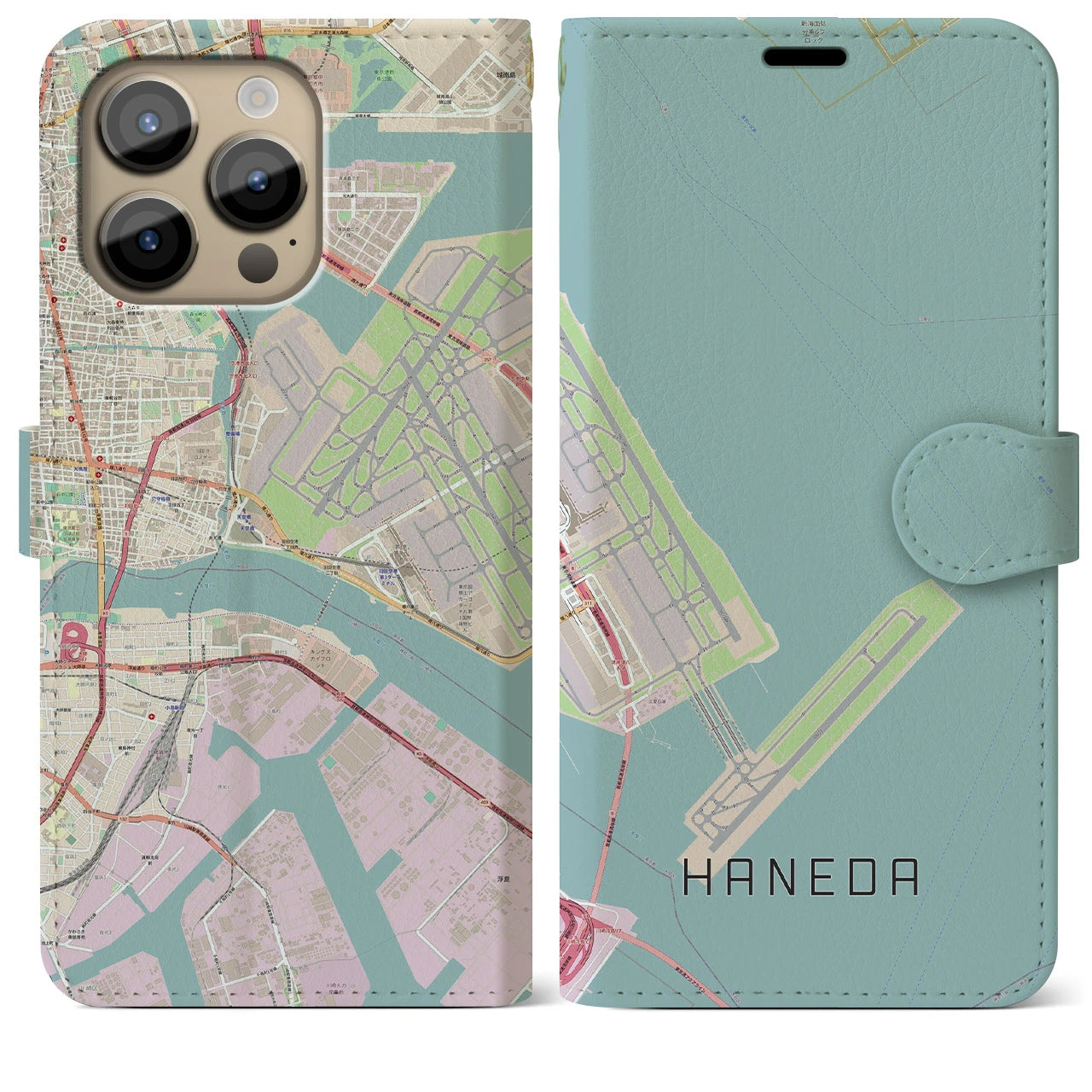 【羽田】地図柄iPhoneケース（手帳両面タイプ・ナチュラル）iPhone 14 Pro Max 用