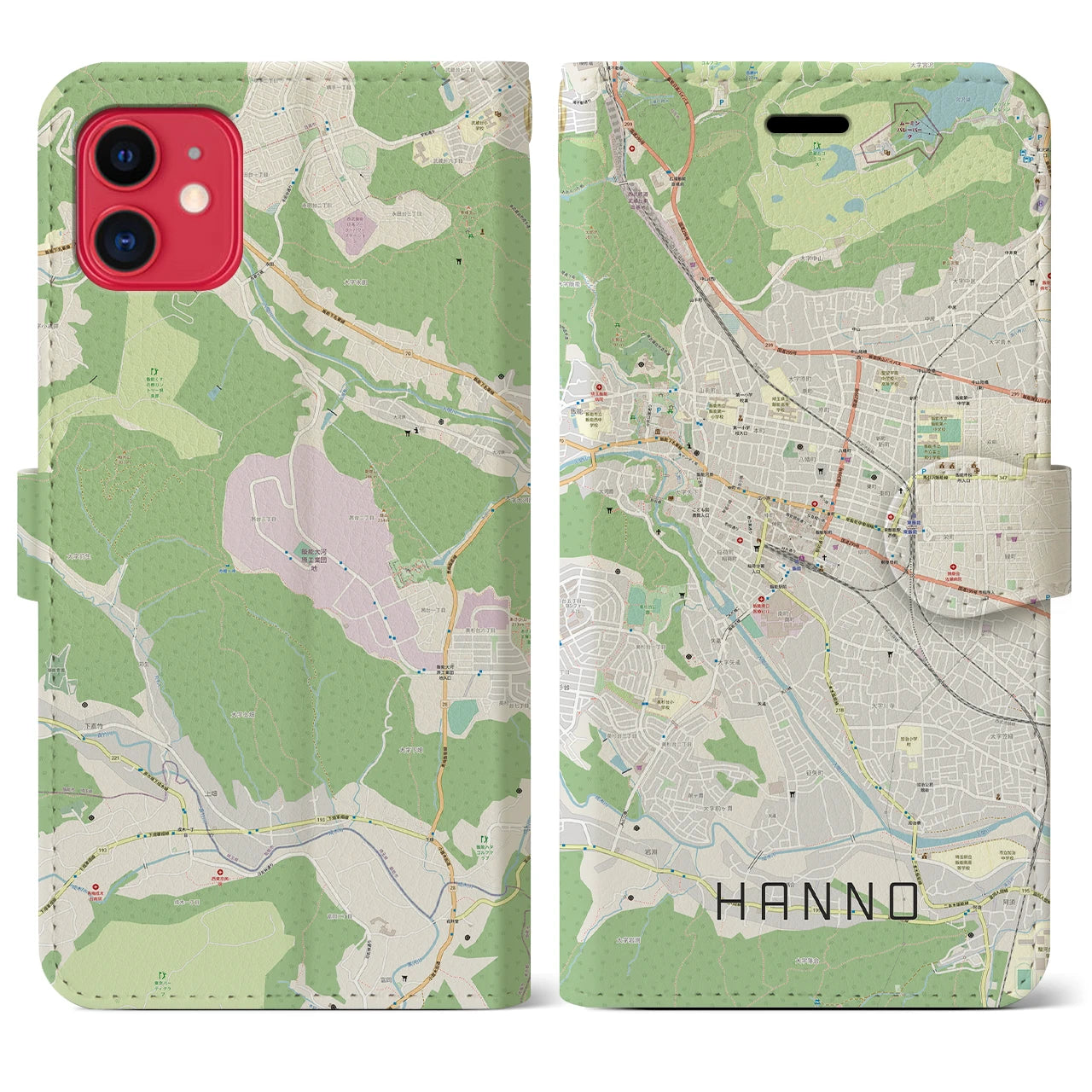 【飯能】地図柄iPhoneケース（手帳両面タイプ・ナチュラル）iPhone 11 用