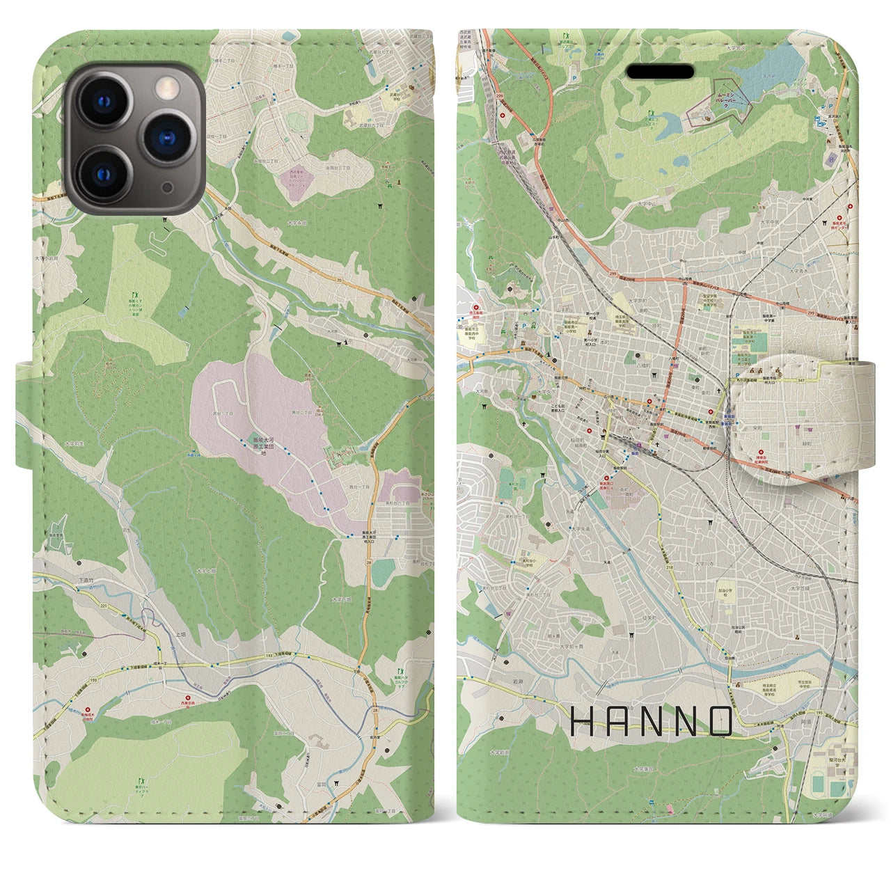 【飯能】地図柄iPhoneケース（手帳両面タイプ・ナチュラル）iPhone 11 Pro Max 用