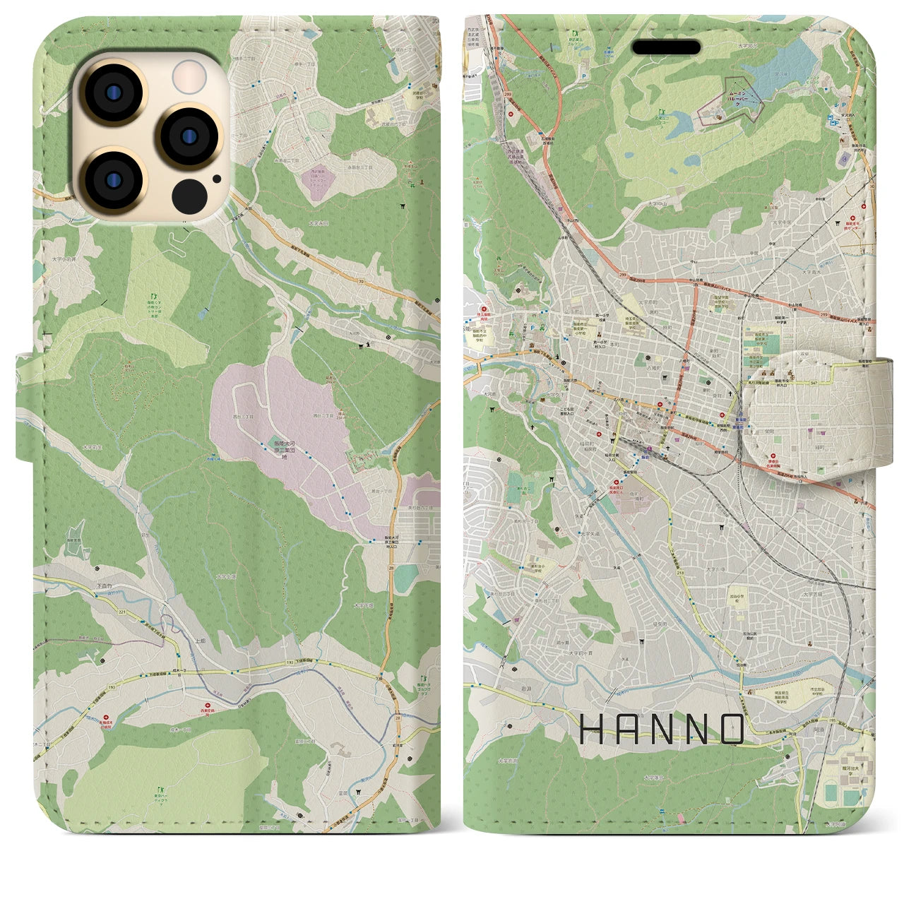 【飯能】地図柄iPhoneケース（手帳両面タイプ・ナチュラル）iPhone 12 Pro Max 用