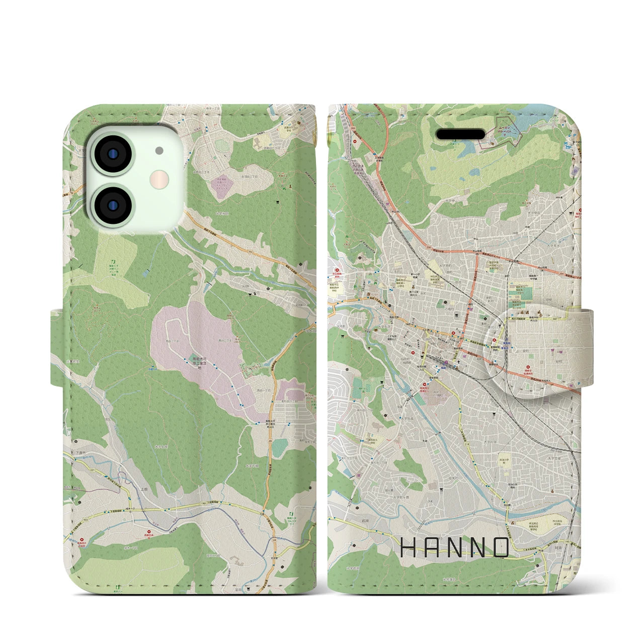 【飯能】地図柄iPhoneケース（手帳両面タイプ・ナチュラル）iPhone 12 mini 用