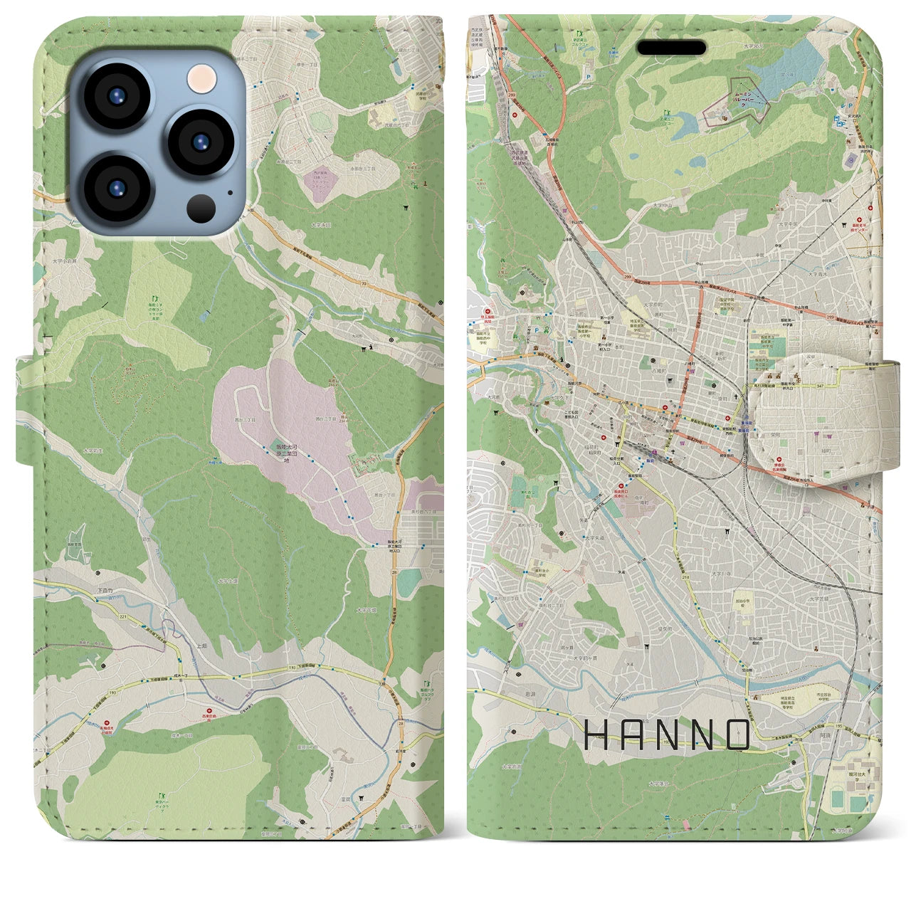 【飯能】地図柄iPhoneケース（手帳両面タイプ・ナチュラル）iPhone 13 Pro Max 用
