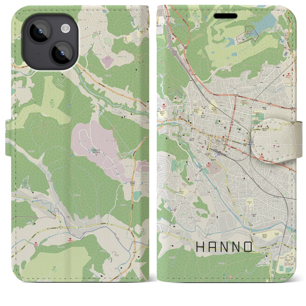 【飯能】地図柄iPhoneケース（手帳両面タイプ・ナチュラル）iPhone 14 Plus 用