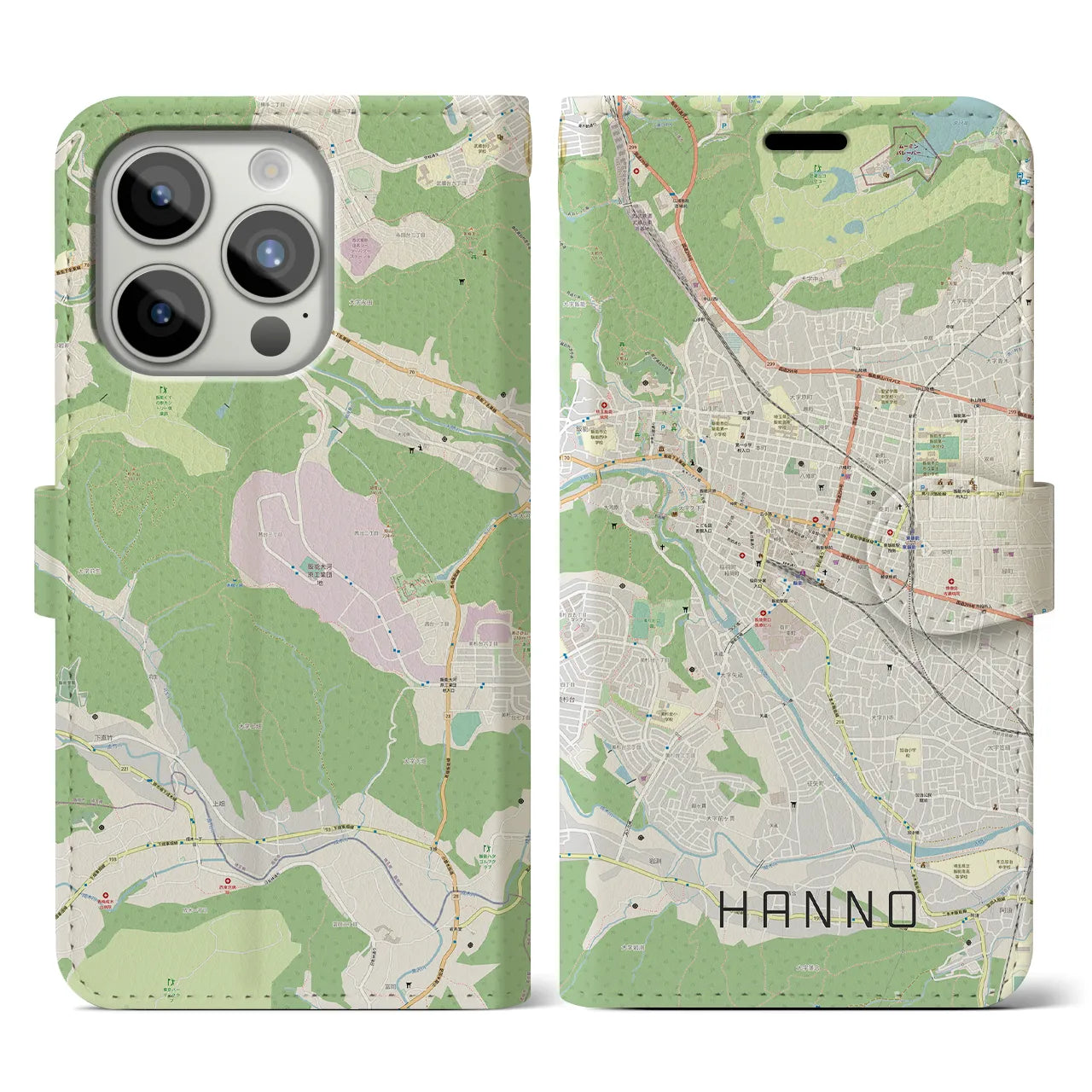 【飯能】地図柄iPhoneケース（手帳両面タイプ・ナチュラル）iPhone 15 Pro 用