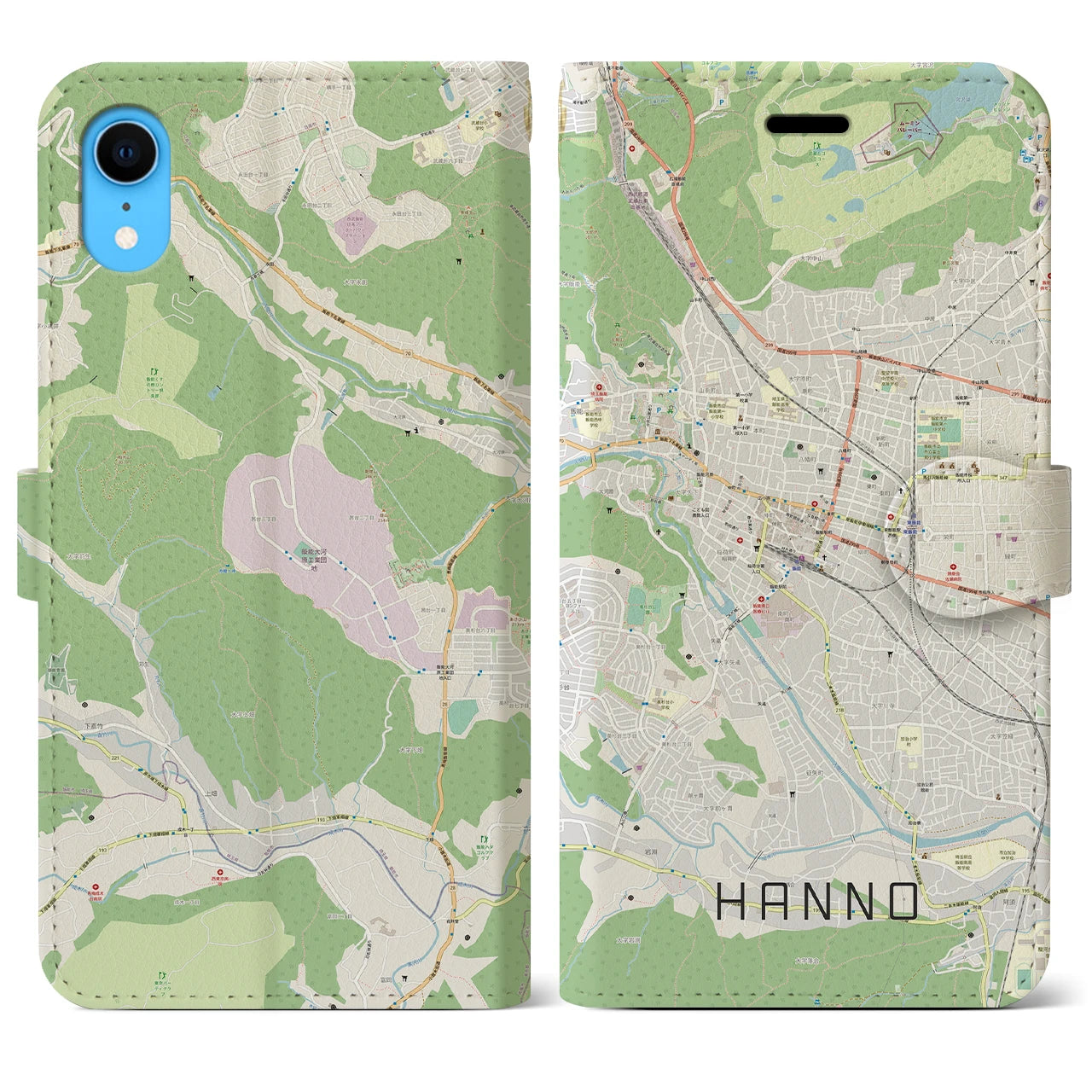 【飯能】地図柄iPhoneケース（手帳両面タイプ・ナチュラル）iPhone XR 用
