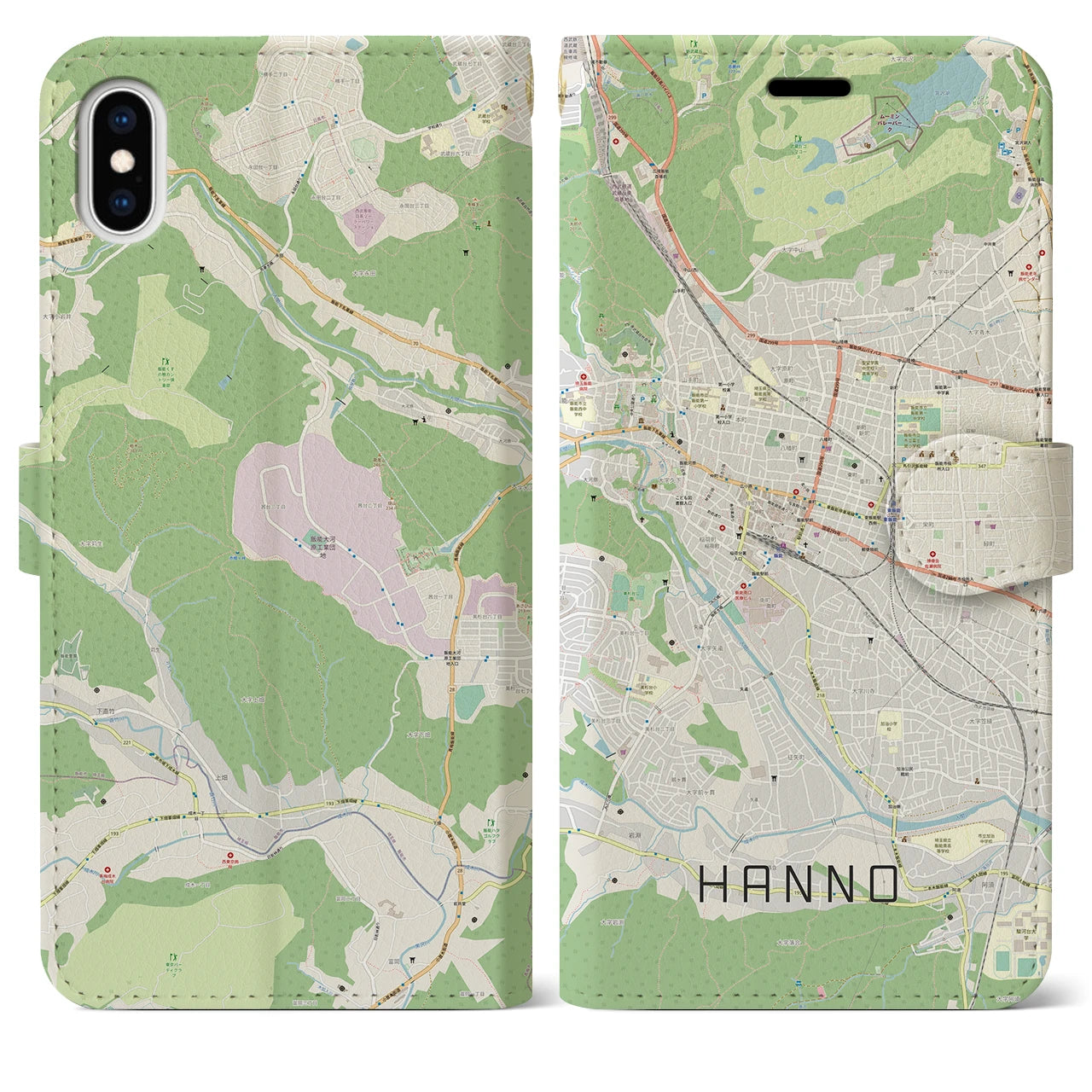 【飯能】地図柄iPhoneケース（手帳両面タイプ・ナチュラル）iPhone XS Max 用
