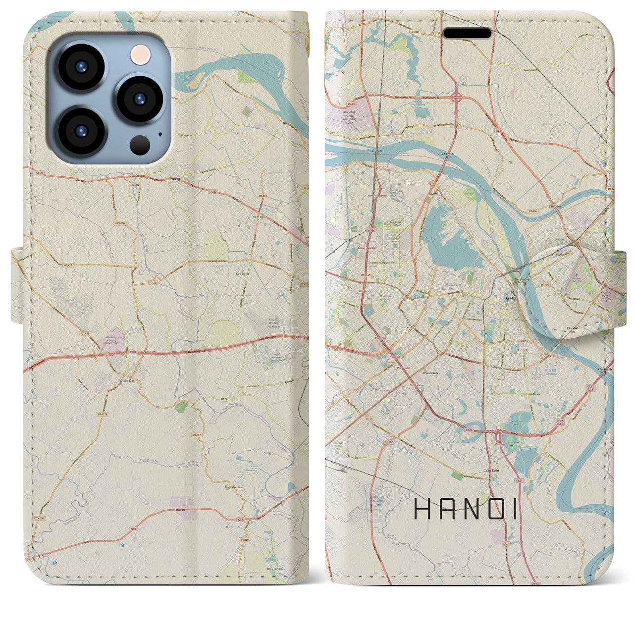 【ハノイ】地図柄iPhoneケース（手帳両面タイプ・ナチュラル）iPhone 13 Pro Max 用