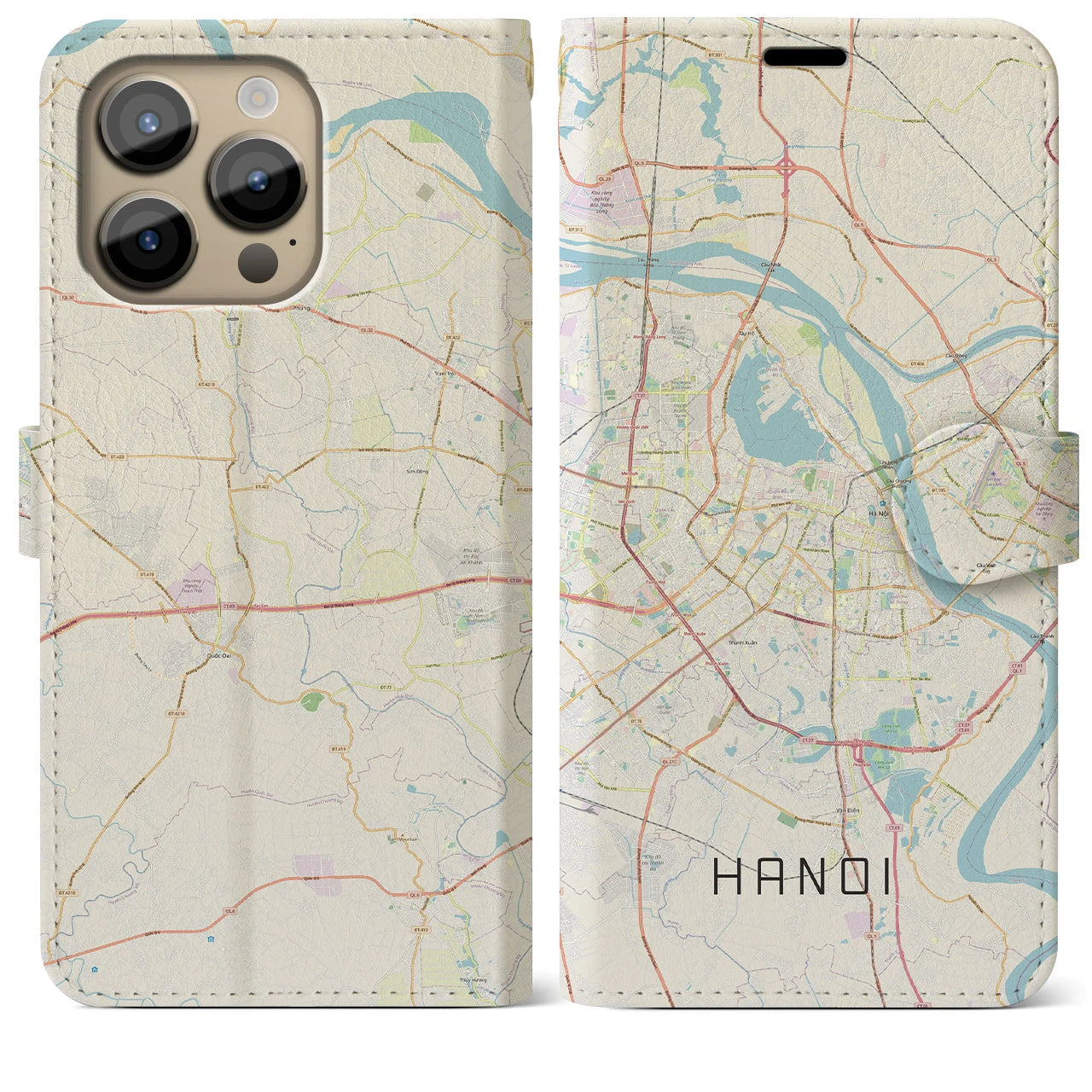 【ハノイ】地図柄iPhoneケース（手帳両面タイプ・ナチュラル）iPhone 14 Pro Max 用
